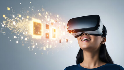 A woman experiencing virtual reality technology with digital elements surrounding her