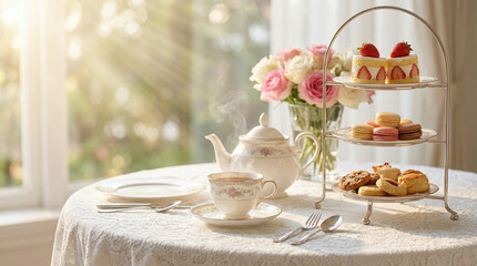窓辺で楽しむ優雅なアフタヌーンティーセットとケーキ