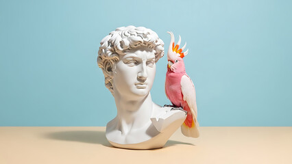 A white marble bust of David with a colorful parrot perched on his shoulder against a pastel blue background