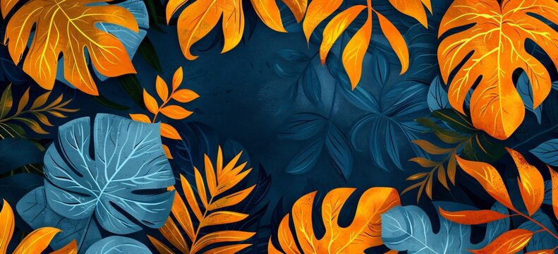 Tropical leaves background vector illustration with colorful plants. Floral jungle pattern for summer banners invitations and nature design. Banner with copy space - Powered by Adobe