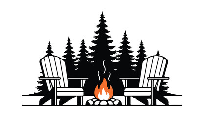 Campfire silhouette with adirondack chairs and pine trees. Outdoor camping scene in wild forest. Cozy bonfire evening in nature landscape concept.