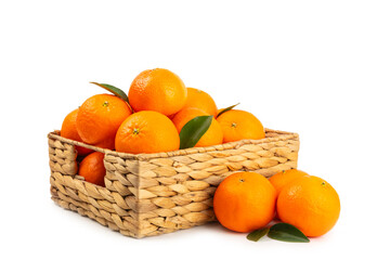 Fresh ripe juicy tangerines. Fresh ripe whole and half of tangerine, mandarin or clementine with green leaf isolated on white background.citrus fruits. mandarin or clementine. Fresh orange fruits. 
