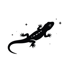 Black silhouette of a lizard surrounded by stars in a minimalist illustration