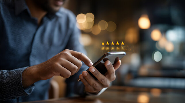 Local business SEO online reputation management with customer reviews smartphone interaction digital marketing star ratings geographic optimization business