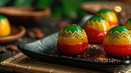 Colorful candy celebration for Cameroon National Day. Sweet yellow, red and green treats arranged in patriotic flag colors for festive joy