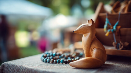 Wooden toy fox figurine displayed on table craft market environment handmade decoration artisan goods creative merchandise marketplace display defocused