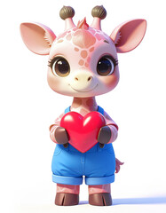 Giraffe is holding a red Valentine heart, isolated on white background