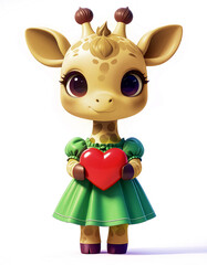 Giraffe holding a red Valentine heart, isolated on white background