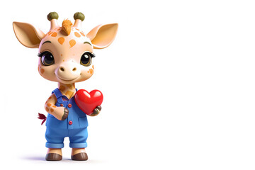Giraffe holding a red Valentine heart, isolated on white background, copy space