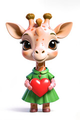 Giraffe holding a red Valentine heart, isolated on white background