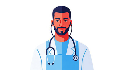 A male doctor with a stethoscope around his neck looking forward