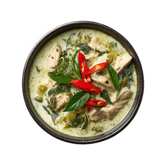 A bowl of creamy Thai green curry with chicken and vegetables isolated on transparent background