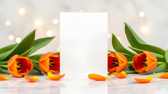 Blank white greeting card mockup with orange tulips. A banner mockup template for greetings for Valentine's Day, March 8th, and Mother's Day with space for text. - Powered by Adobe