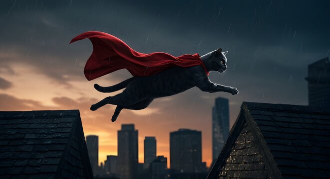 Black cat superhero wearing a red cape leaping dramatically over a dark city skyline at sunset