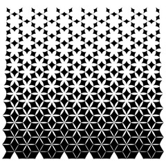 Seamless monochrome pattern transitioning from floral stars to geometric 3D cubes on white.
