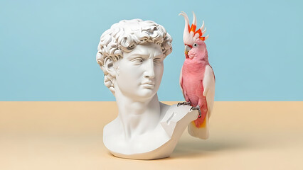 A white marble bust of a man with a pink parrot perched on its shoulder against a blue background
