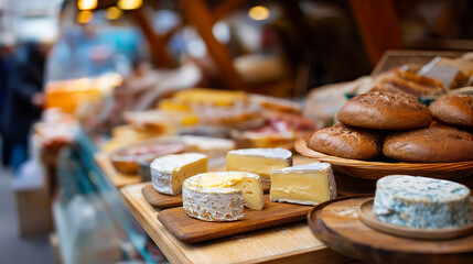 Food stall with dairy and meat products at outdoor farmers market artisan goods cheese display specialty foods local vendors marketplace commerce defocused