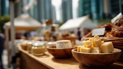 Food stall with dairy and meat products at outdoor farmers market artisan goods cheese display specialty foods local vendors marketplace commerce defocused