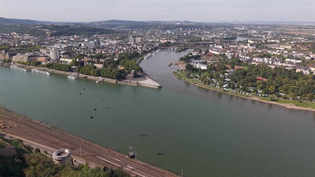 A flight across the Koblenz Germany Corner during summer time which is a key tourist hot spot for visitors globally