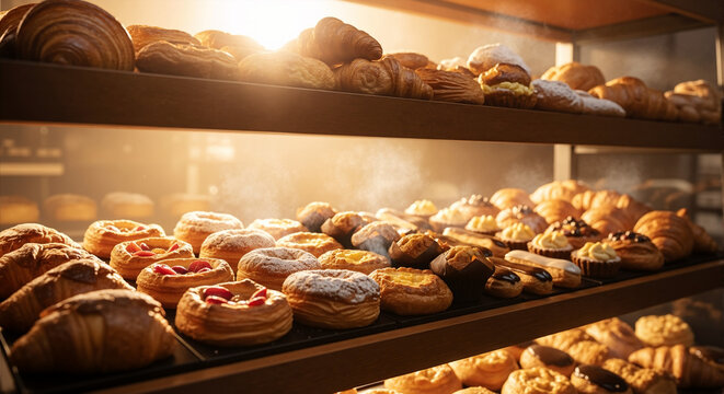 Freshly baked pastries on display in bakery with warm lighting   - Powered by Adobe