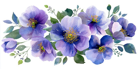 A beautiful arrangement of blue watercolor flowers with green leaves, perfect for floral designs, invitations, or decorative art.