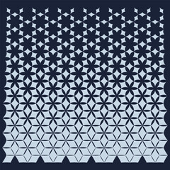Seamless geometric transition pattern from floral stars to 3D cubes in dark and light blue.