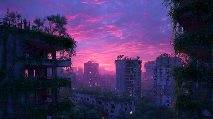 Abandoned Concrete Balconies Overgrown with Lush Vines and Plants at Twilight