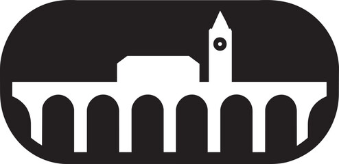 Ancient aqueduct with multiple arches leading to a building featuring a prominent clock tower