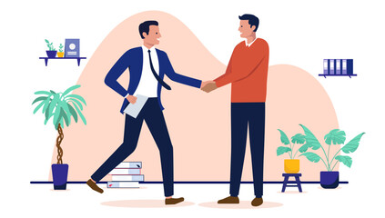 Two professional businessmen shaking hands in a modern office to celebrate a successful deal, new job hire or corporate partnership in a modern flat design vector illustration
