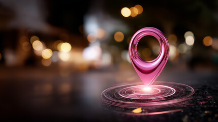 Glowing pink location pin icon with GPS technology local SEO business concept digital marketing visualization logistics tracking geographic targeting navigation