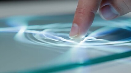 Touch-activated light waves on glass 4K video. A close-up of an abstract touch interaction generating flowing light waves across a smooth glass surface.