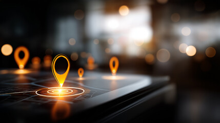Digital map with glowing location pins and SEO icons local search optimization business profile management map visibility location marketing geographic targeting