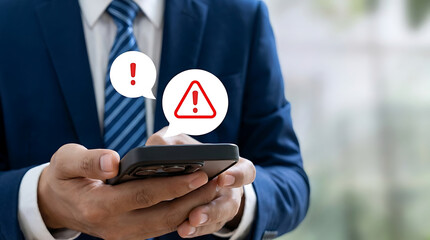 Security alert concept with businessman holding smartphone displaying red exclamation mark warning bubbles indicating spam or system error