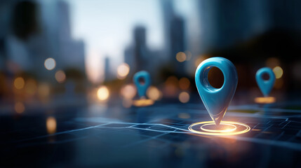Digital map with glowing location pins and SEO icons local search optimization business profile management map visibility location marketing geographic targeting