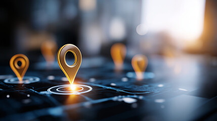 Digital map with glowing location pins and SEO icons local search optimization business profile management map visibility location marketing geographic targeting