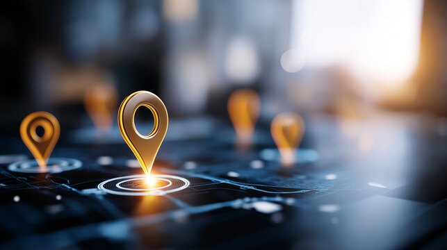 Digital map with glowing location pins and SEO icons local search optimization business profile management map visibility location marketing geographic targeting