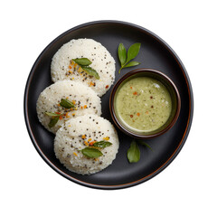 A plate of idlis with chutney on a black background isolated on transparent background