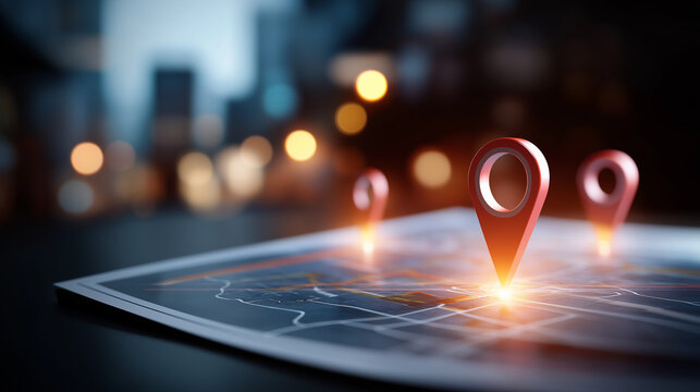 Digital map with glowing location pins and SEO icons local search optimization business profile map search visibility location marketing geographic targeting - Powered by Adobe