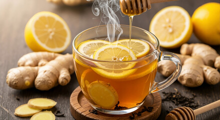 Fresh ginger lemon tea with honey and steam on wooden background  