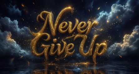 golden "never give up" typography with dramatic stormy sky and water reflections for motivational design.