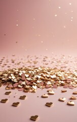 gold confetti falling on pink background with empty space for text, party concept