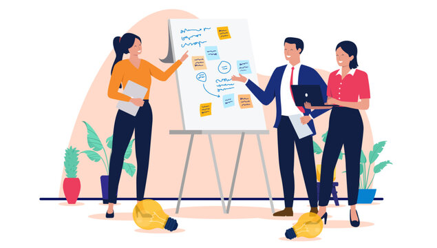 Creative team brainstorming and generating new ideas using a flip chart and sticky notes for project planning and innovation in a modern flat design vector illustration with lightbulbs