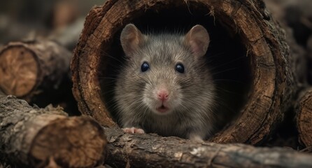 curious brown rat peeking out from a weathered log, wildlife portrait.