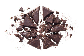 Fototapeta premium Broken dark chocolate bar in a burst, with cocoa powder