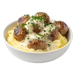 A bowl of meatballs with mashed potatoes and creamy sauce isolated on transparent background