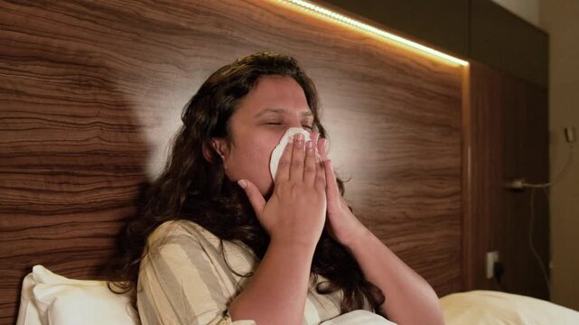 sneezing woman suffering from cold and flue in Dubai, home bedroom night scene video