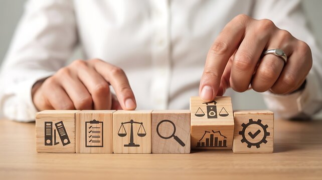 Hand positioning legal and compliance icons on wooden blocks, symbolizing justice, audit, and governance