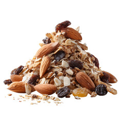 A delicious pile of mixed nuts and dried fruits on a black background isolated on transparent background