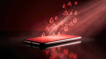 Red glowing warning icons and secured padlocks emerging from a smartphone screen, symbolizing a critical mobile cyber security breach or data loss in a dark, futuristic environment.