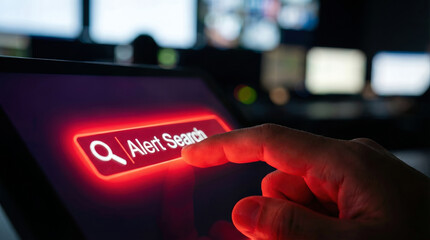 Close-up of a finger pressing the glowing red 'Alert Search' button on a digital screen, signifying urgent security incident monitoring in a dark control room.